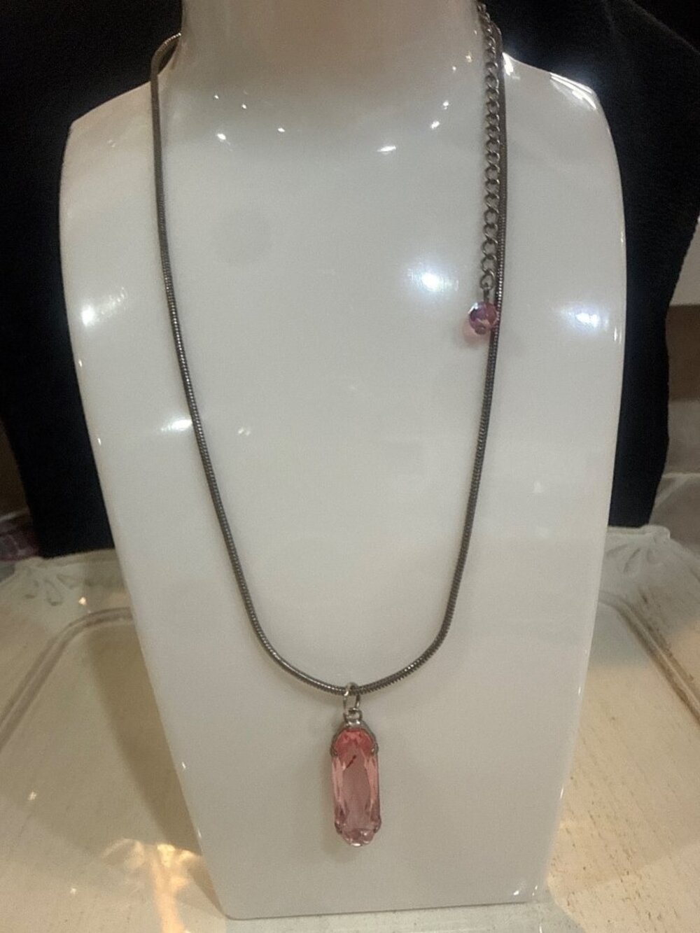 Silver-Tone Snake Chain Necklace With Pink Crystal Pendant & Adjustable Clasp